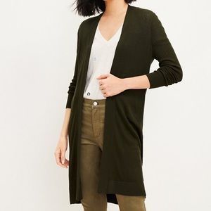 LOFT knee-length, long sleeve olive green cardigan